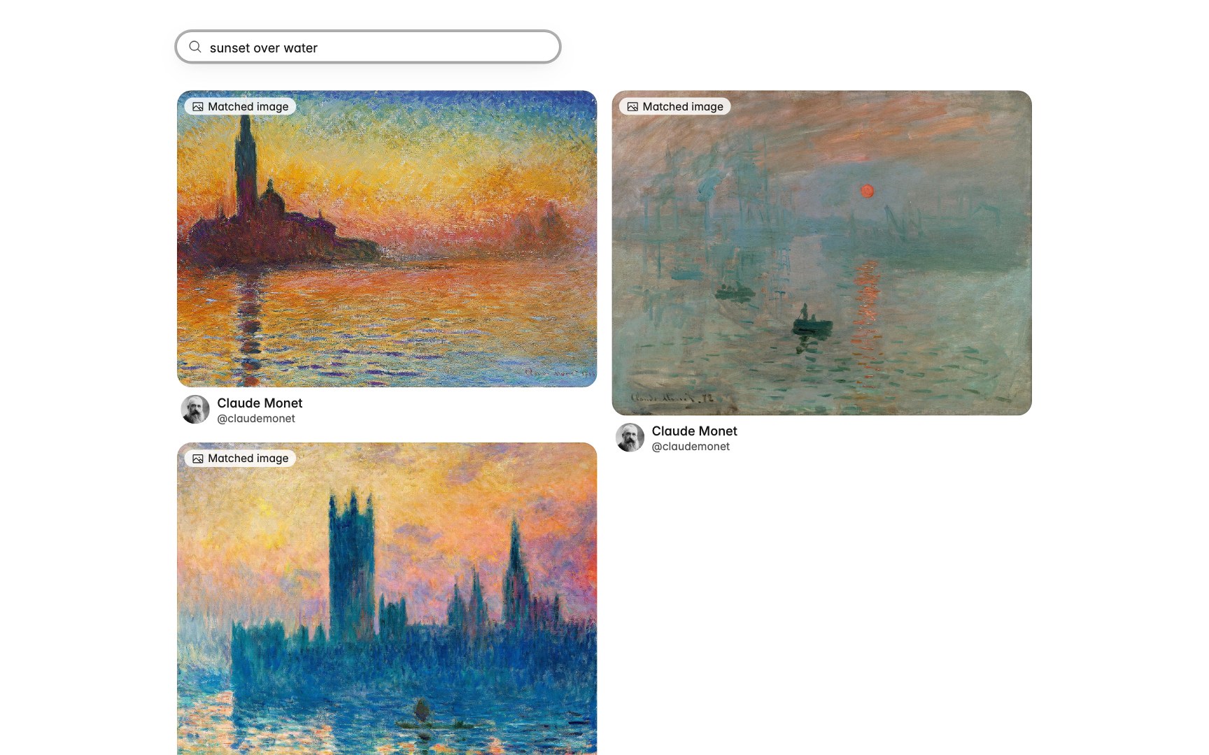 Searching "sunset over water" finds three paintings by what they show